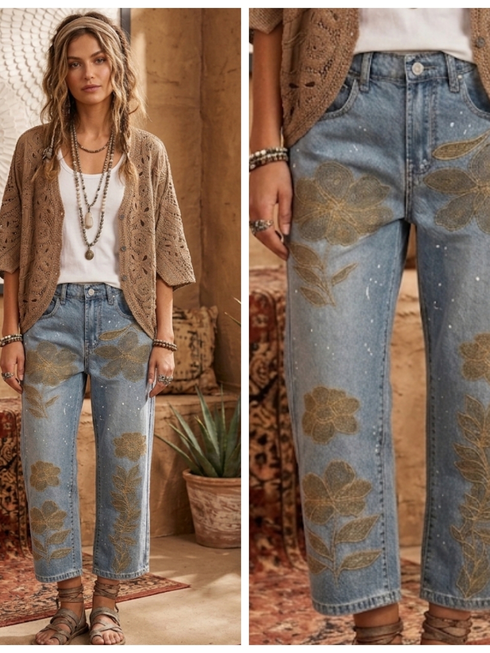 Oli & Hali Blue Denim Straight-Leg Jeans with Embroidered Floral Design